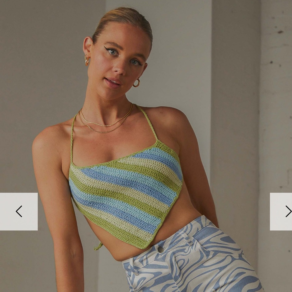Peppermayo Cancun Crochet Halter Top - Green and Blue Striped Crop Top